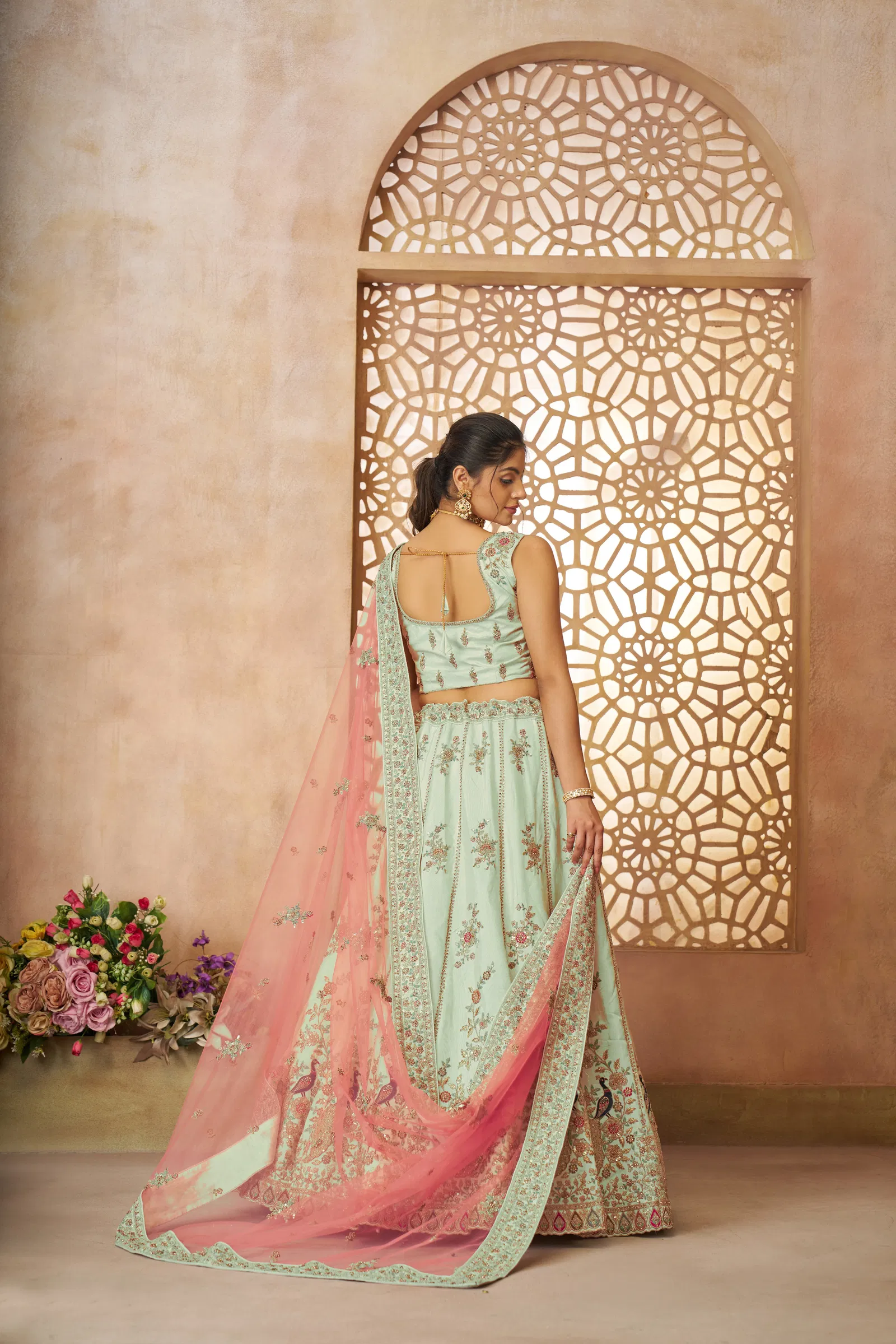 Kf 35 Green Blue Zari Silk Embroidery Work Lehenga Choli & Dupatta Wholesale In India